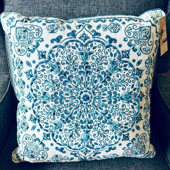 Boho Coastal Moroccan Medallion Tile Throw Pillow Decor - Picture 1 of 4